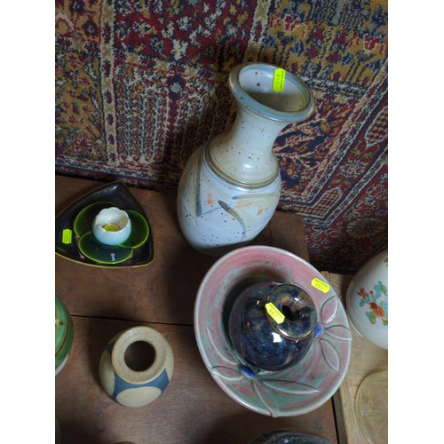 482 - Collection of mainly studio pottery items plus, glass and four hardwood graduated elephants. Marks t... 