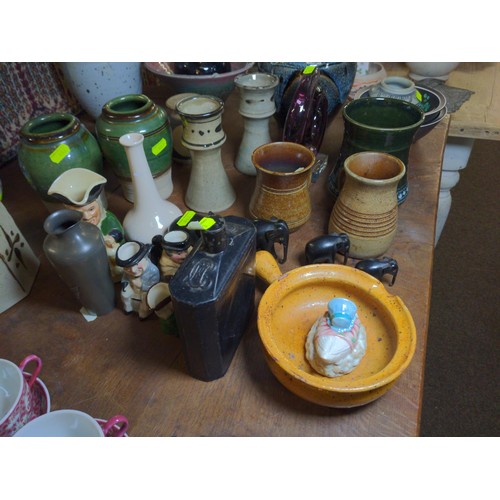 482 - Collection of mainly studio pottery items plus, glass and four hardwood graduated elephants. Marks t... 