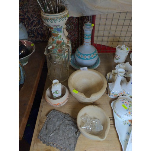 483 - Collection of mainly ceramic vases plus two hardstone mortars and a vintage mesh purse.