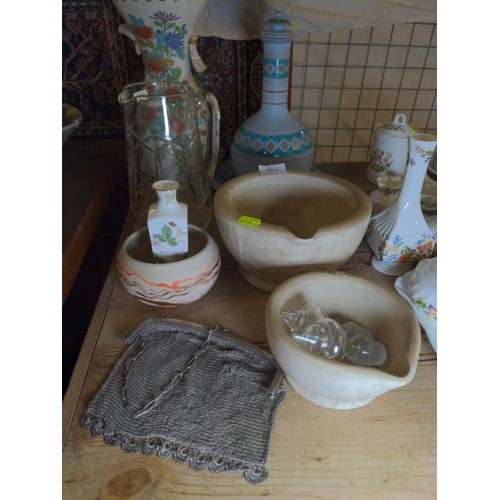 483 - Collection of mainly ceramic vases plus two hardstone mortars and a vintage mesh purse.