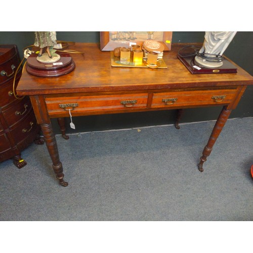 548 - Hardwood side table with 3 drawers and ceramic casters W112cm x D50.5cm x H77cm