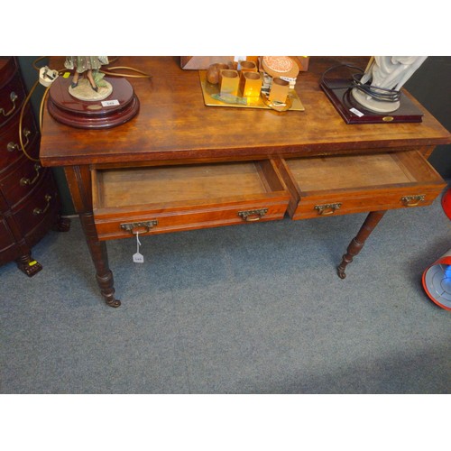 548 - Hardwood side table with 3 drawers and ceramic casters W112cm x D50.5cm x H77cm