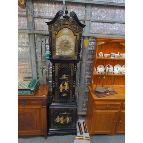 Chinoiserie grandfather clock. Brass face with Hny. Holland, Dunstable. Height 210cm.