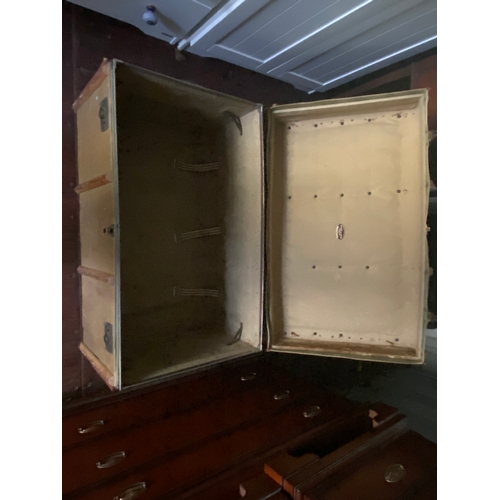 326 - Large wood banded travel trunk by Webb & Sons Plymouth. Has original locking claps (no key) and ... 