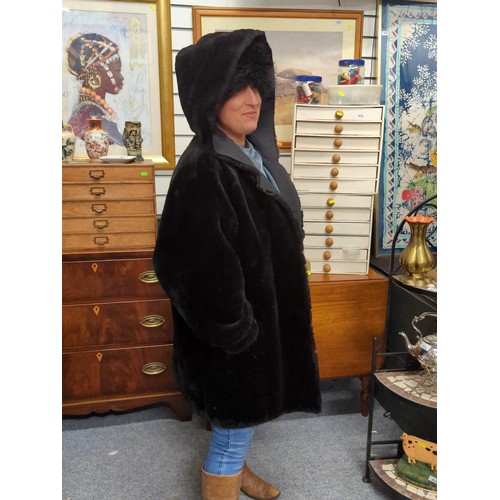 827 - J Percy for Marvin Richards black faux fur lined coat (reversable) and faux fur hat.