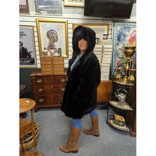 827 - J Percy for Marvin Richards black faux fur lined coat (reversable) and faux fur hat.