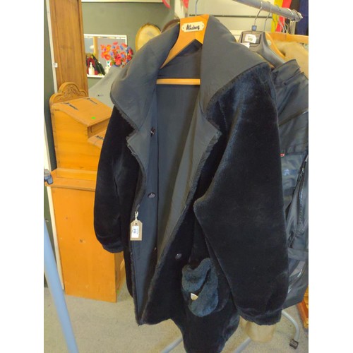 827 - J Percy for Marvin Richards black faux fur lined coat (reversable) and faux fur hat.