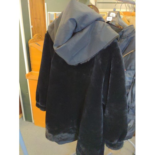 827 - J Percy for Marvin Richards black faux fur lined coat (reversable) and faux fur hat.