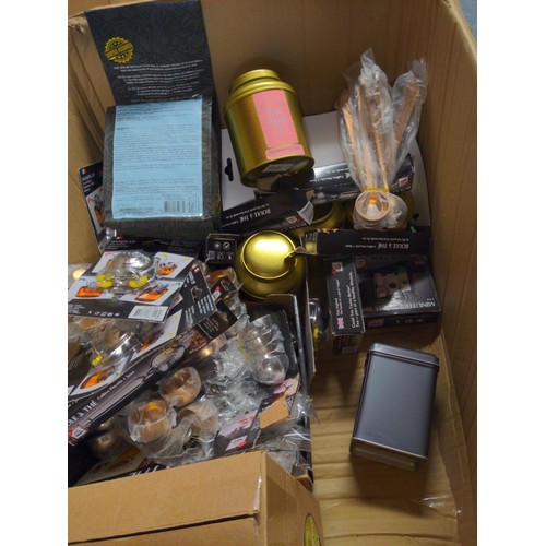 131 - Box of as new small kitchen gifts including infusers, bags of various tea, brewing timers etc.