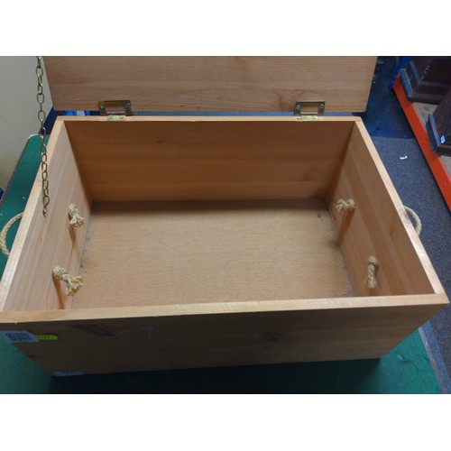 187 - Pine storage box with rope handles, printed to top with Thorntons Chocolate Heaven Since 1911W51 D35... 