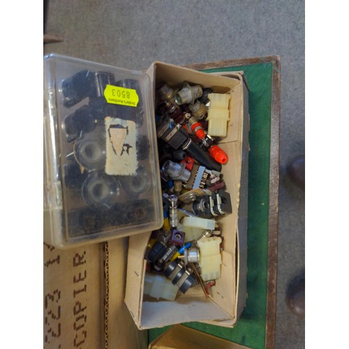 207 - 3 boxes of mostly vintage electronics equipment, including switches, resistors etc.