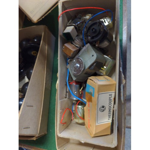 207 - 3 boxes of mostly vintage electronics equipment, including switches, resistors etc.