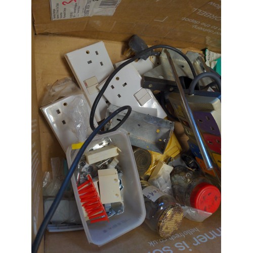 227 - 2 boxes of mixed garage items including Power Devil router, electrical sockets, ceiling lamp, bag of... 