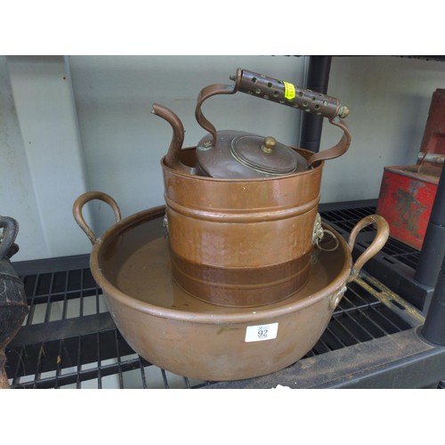 92 - Copper kettle, bucket & preserve pan