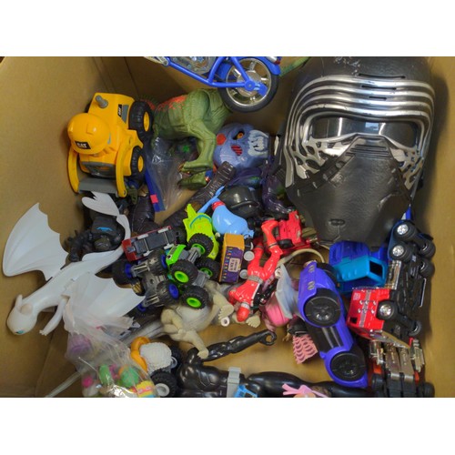 241 - Box of toys inc. Furby, Hulk mask & gloves, Dinosaurs, Lego Batman clock etc