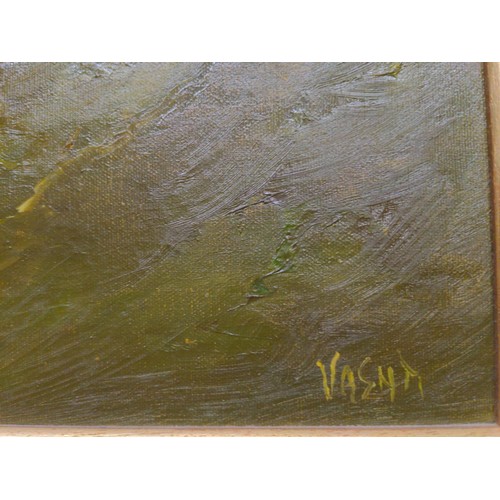 353 - Oil on canvas of a landscape against a dramatic sky, signed lower right 'Vasna' or 'Vashti', framed ... 