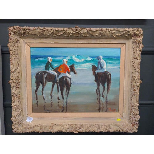 356 - Oli on on canvas of horses being exercised on Pebble Beach.Signed lower right (possibly) J Appleton.... 