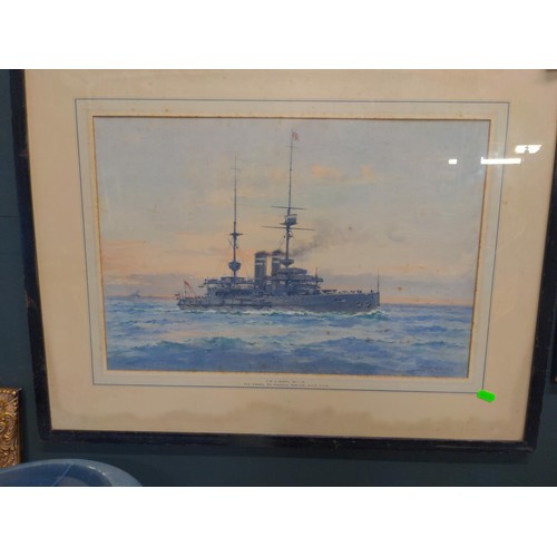 Frank Watson Wood (British, 1862-1953) watercolour, titled to mount HMS Queen 1911-13 Vice Admiral Sir Frederick Hamilton K.C.B C.V.O, signed and dated 1913 (lower right), framed 74 x 58cm