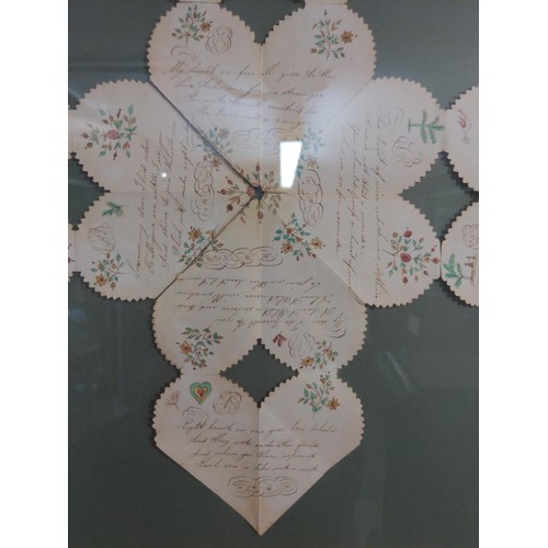 365 - C19th handmade folding Valentine 'puzzle purse' decorated with foliate watercolour drawings and roma... 