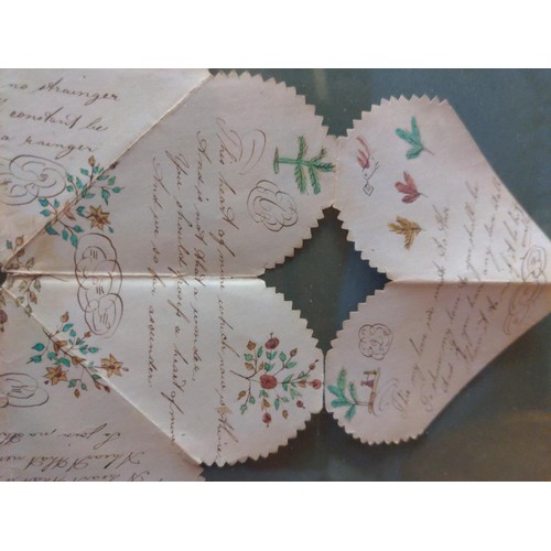 365 - C19th handmade folding Valentine 'puzzle purse' decorated with foliate watercolour drawings and roma... 