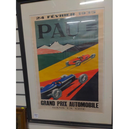 379 - Framed poster featuring vintage Pau Grand Prix Automobile Dans La Cite. W67 L92cm