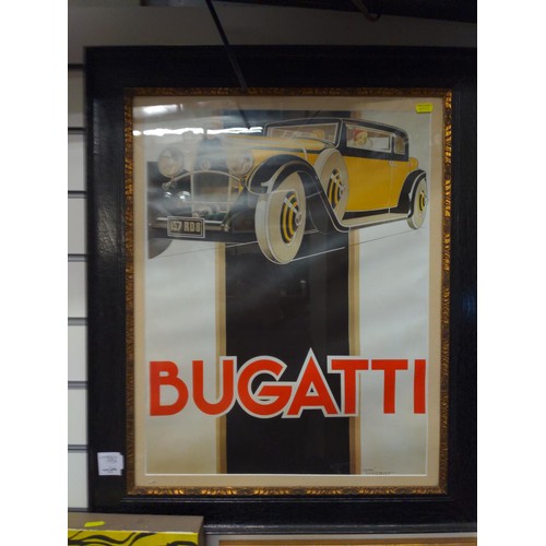 382 - Vintage framed poster, Bugatti with Rene Vincent signed to bottom right . W61 L74 cm