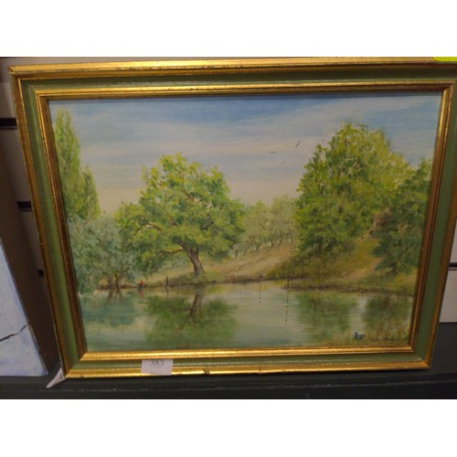 383 - Betty Morrell, oil on board of a fishing lake, signed lower right, framed 47 x 39cm