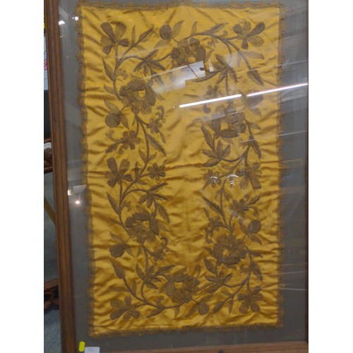 385 - Framed silk embroidery with metallic threads, 69 x 102cm