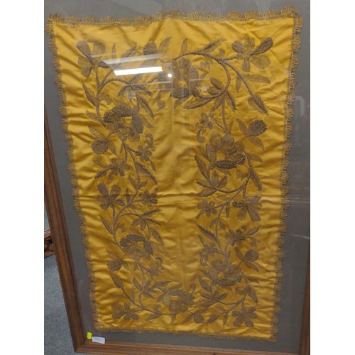 385 - Framed silk embroidery with metallic threads, 69 x 102cm