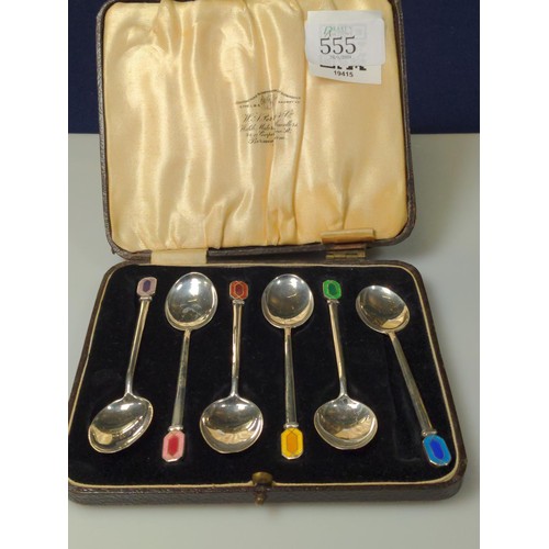 555 - Set of six silver and enamel coffee spoons, W H Haseler Ltd, Birmingham 1937, gross weight 48.5 gram... 