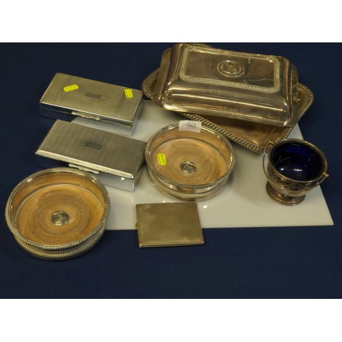 561 - Silver plated ware including pair of wine coasters, serving dish and cover (missing handle), blue gl... 