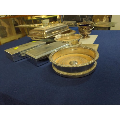 561 - Silver plated ware including pair of wine coasters, serving dish and cover (missing handle), blue gl... 