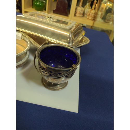 561 - Silver plated ware including pair of wine coasters, serving dish and cover (missing handle), blue gl... 