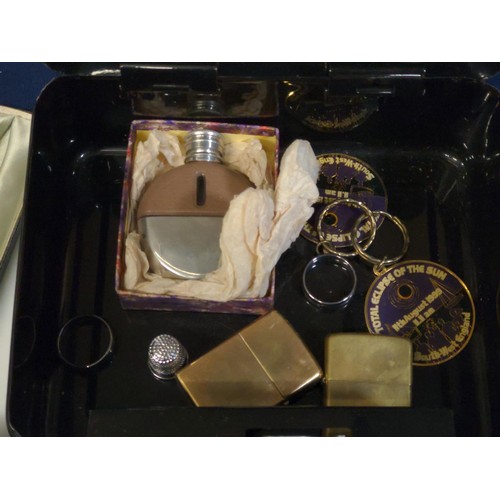 562 - Various collectables in black cash tin, including boxed Parker fountain pen, pair of HM silver cuffl... 