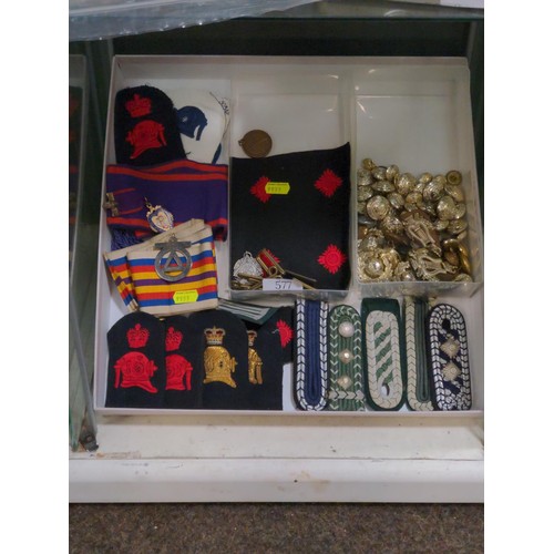 577 - Collection of army badges and buttons to include Marines Navy divers badges, epaulettes and sporting... 