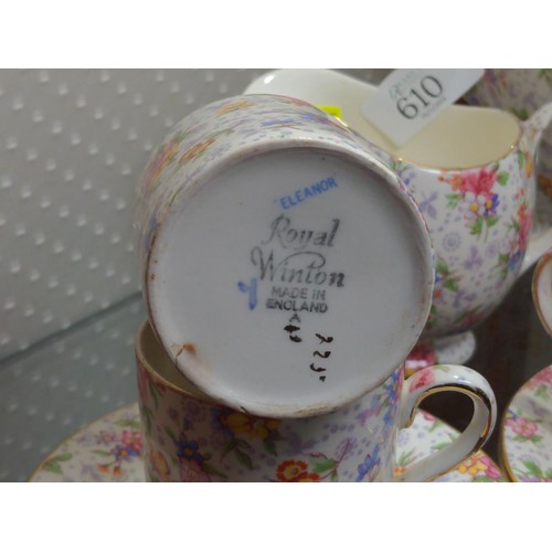 610 - Royal Winton 'Eleanor' pattern chintz coffee service, including coffee pot, sugar, milk jug and six ... 