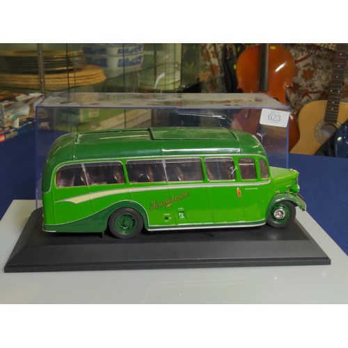 623 - OC die-cast Bedford OB coach, 31cm long, in perspex case