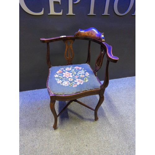 838 - Edwardian lyre backed corner chair with crossover stretcher and tapestry topped seat