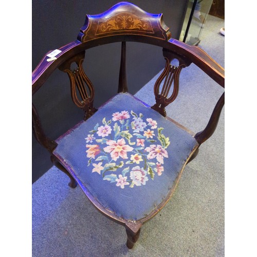 838 - Edwardian lyre backed corner chair with crossover stretcher and tapestry topped seat