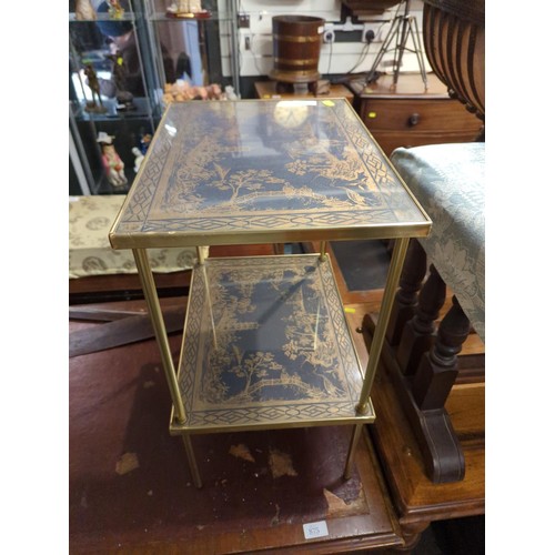 872 - Small Oriental style brass coloured frame two tier occasional table. W40 D29.5 H54 cm