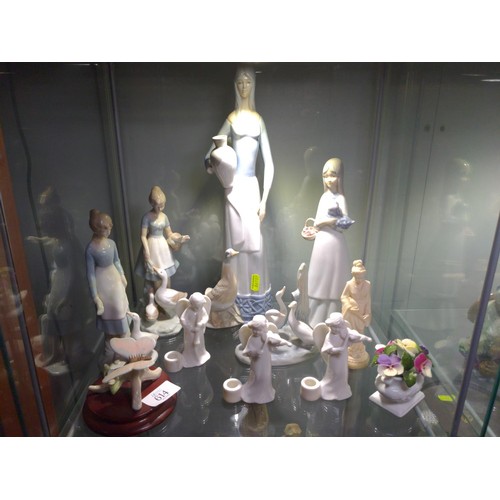 614 - Shelf of various porcelain, mostly figures, including some Nao