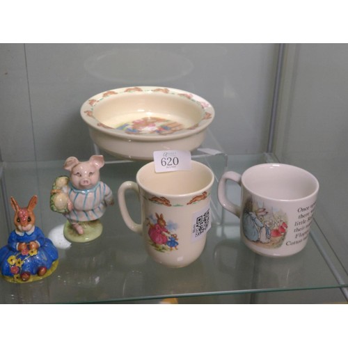 620 - Bunnykins cup and bowl, Royal Doulton Daisy Bunnykins, Beswick Little Pig Robinson (small chip to ea... 