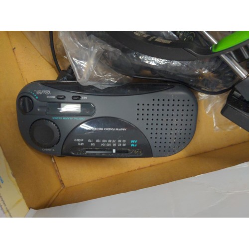 201 - Mixed box including gaming headset, MP3 player, pocket radio, tripod etc.