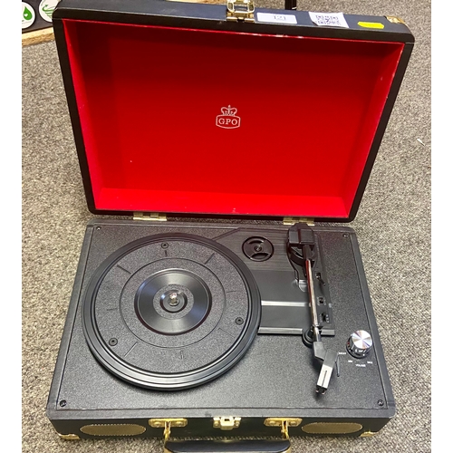 121 - GPO portable stereo record player in case style hold-all and cable.