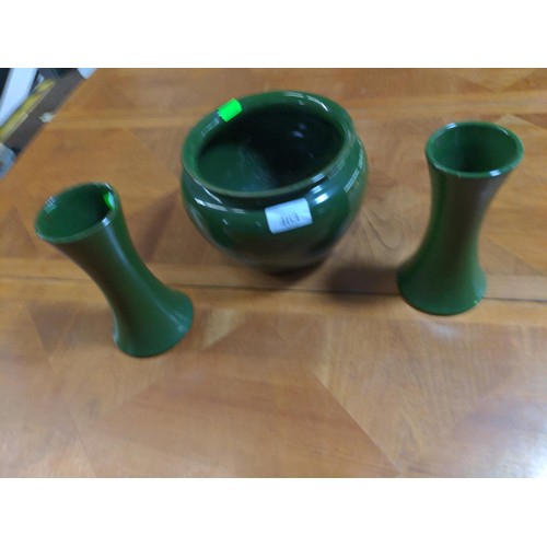 349 - Bourne Denby green planter with a pair of matched vases