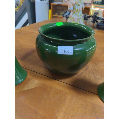 349 - Bourne Denby green planter with a pair of matched vases