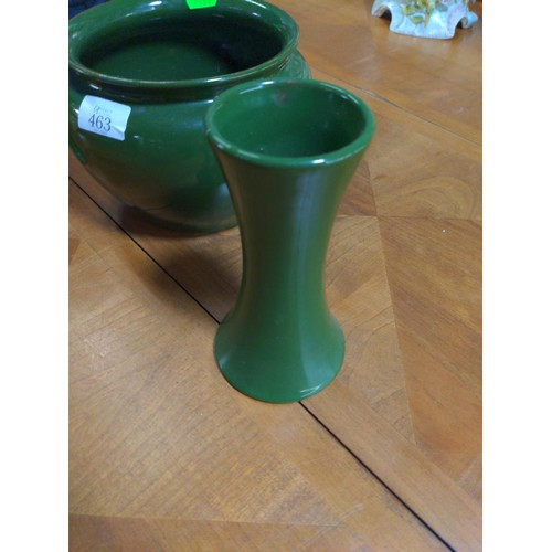 349 - Bourne Denby green planter with a pair of matched vases