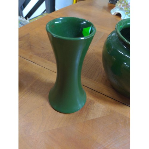 349 - Bourne Denby green planter with a pair of matched vases