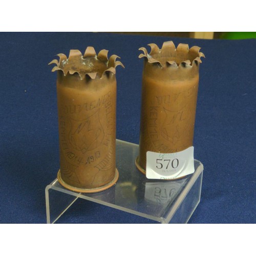 409 - Pair of WWI trench art shells, engraved Souviener Kemmel, Belgium 1914-1919, height 9cm... 