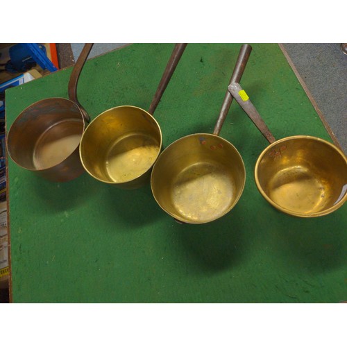 130 - 3 x Brass saucepans & 1 x copper